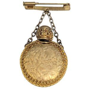 Gold-Tone Miniature Encased Perfume Bottle Filigree Edge On Bar and Chain Brooch
